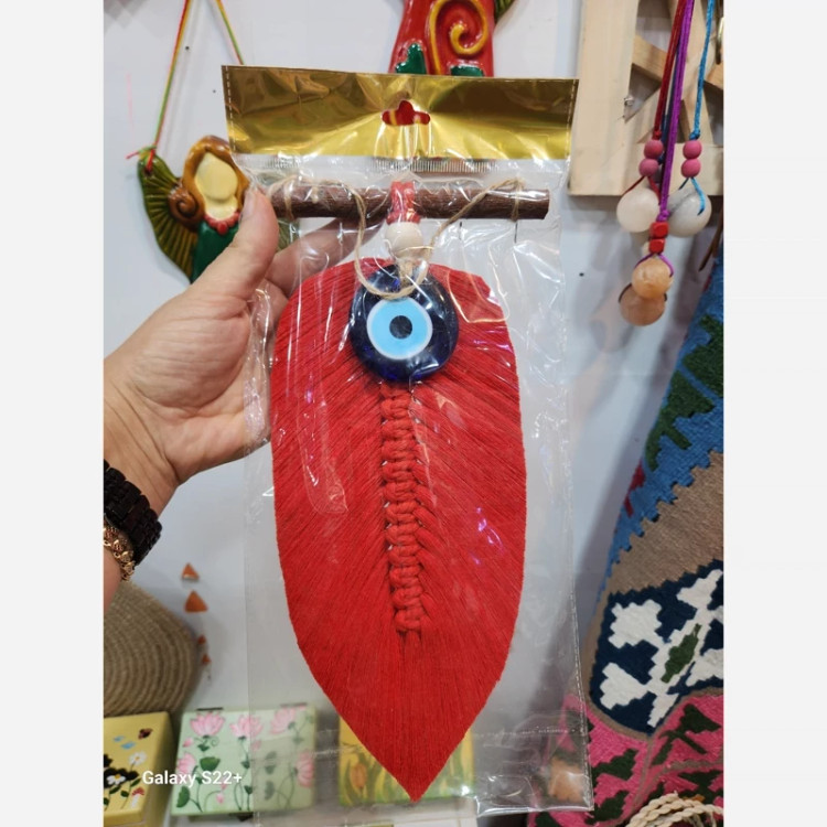 آویز چشم و نظر برگ قرمز و زرد رنگ مکرومه ای 🧿🪶 آویز دیوار