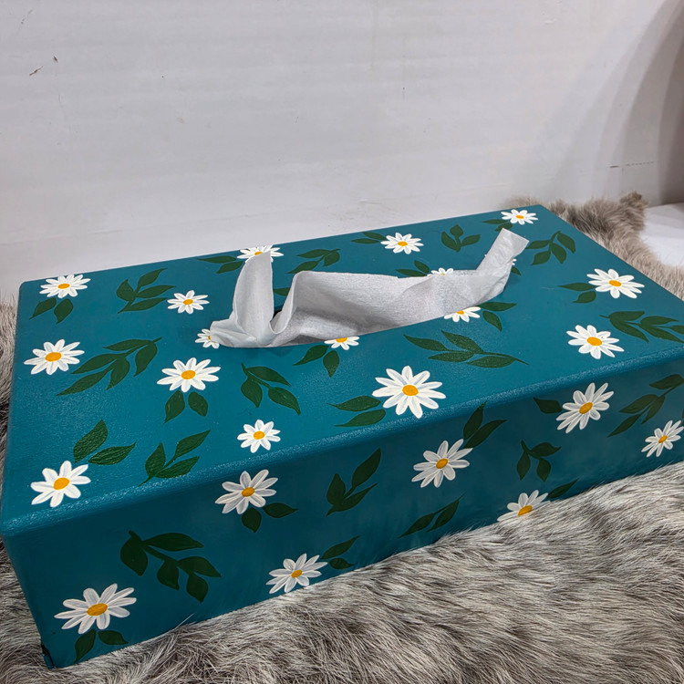 ست چوبی تی بگ و دستمال کاغذی آبی طراحی گل بابونه💮سایز ۲۴×۲۴ cm