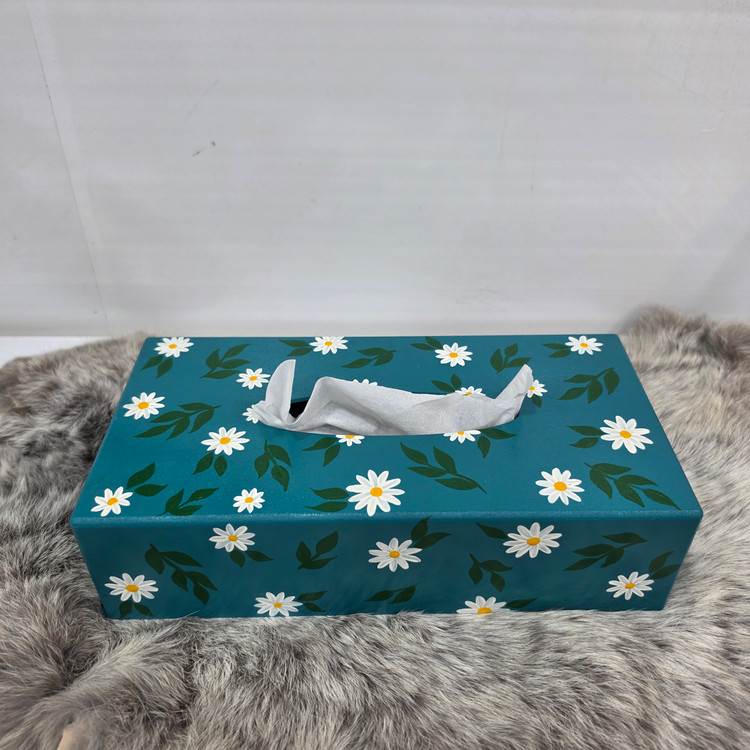 ست چوبی تی بگ و دستمال کاغذی آبی طراحی گل بابونه💮سایز ۲۴×۲۴ cm