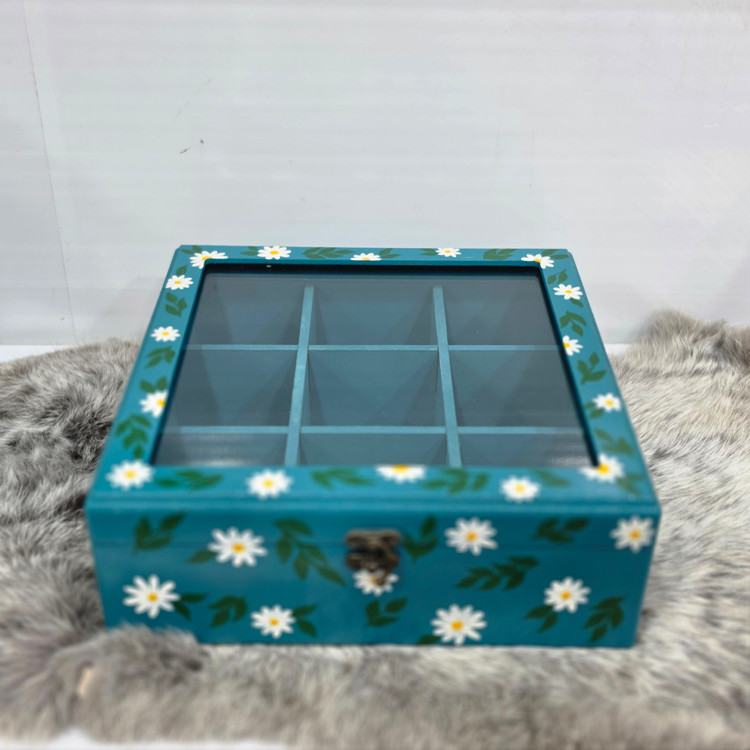 ست چوبی تی بگ و دستمال کاغذی آبی طراحی گل بابونه💮سایز ۲۴×۲۴ cm