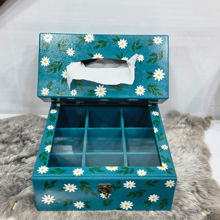 ست چوبی تی بگ و دستمال کاغذی آبی طراحی گل بابونه💮سایز ۲۴×۲۴ cm